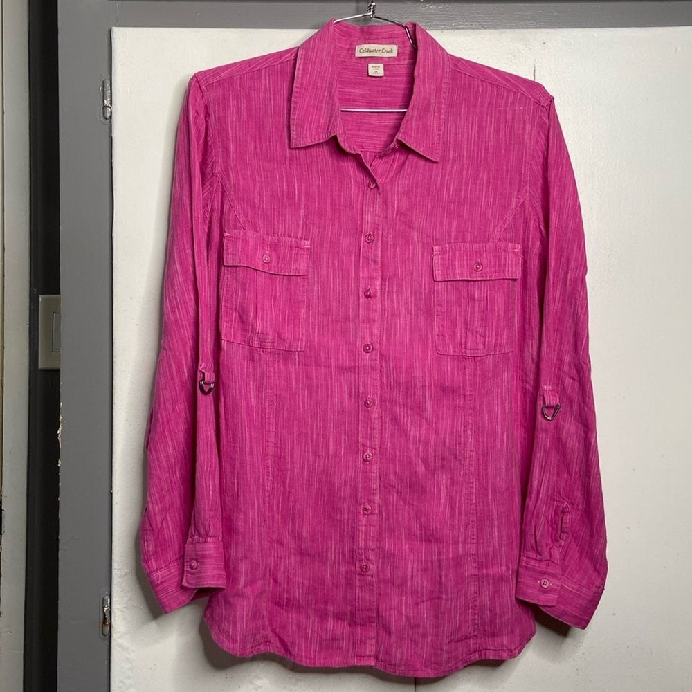 coldwater creek women 100% linen long sleeve button up shirt 2x heathered pink